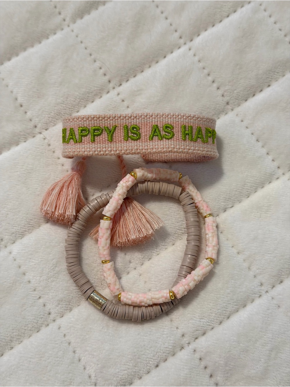 Pink “Happy is as happy does” Tassel + Elastic Bracelet Set